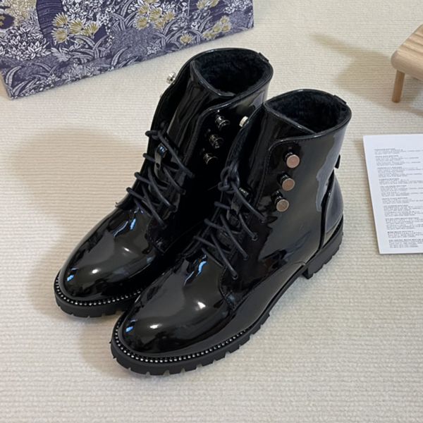 

2022 autumn and winter boots ling lattice lace up short booties metal buckle thick bottom thick heel leather color matching martin boot wome, Black