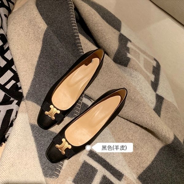 

dress shoes brand low heel women's autumn fashion metal buckle flat bottom square head single 220902, Black