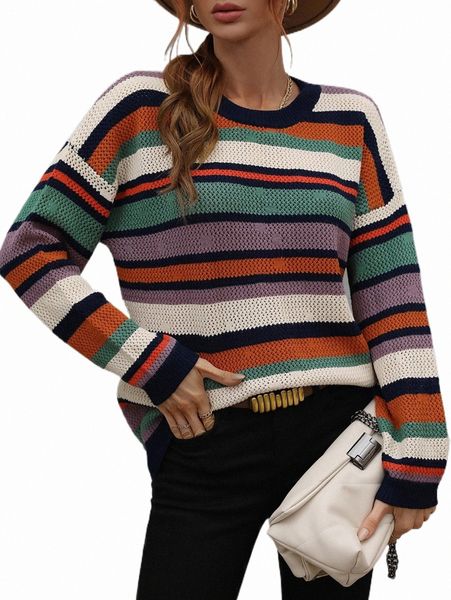 

women's sweaters block striped pattern drop shoulder sweater w4ml#, White;black