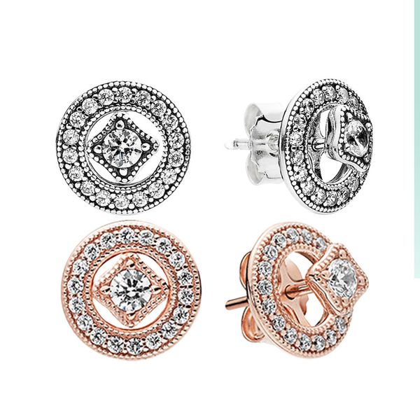 

rose gold vintage circle stud earrings 925 sterling silver women wedding jewelry for pandora cz diamond round earring with original box, Golden;silver