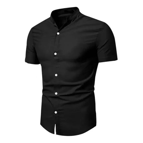 

men's casual shirts fit stand-up collar short-sleeved british cardigan shirts solid color fashion, White;black