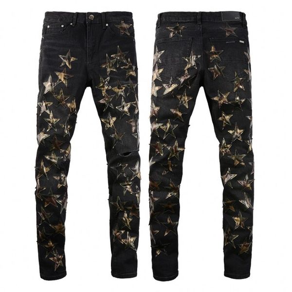 

mens designer jeans five-pointed star embroidery distressed ripped biker skinny slim fit motorcycle bikers denim for men fashion hip hop pan, Blue