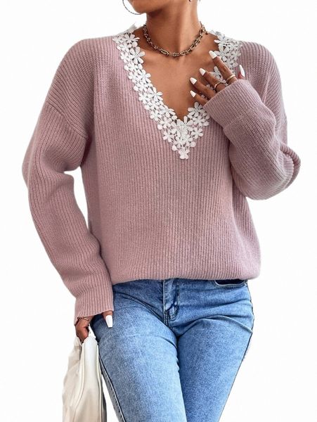 

women's sweaters guipure lace panel drop shoulder sweater a5e9#, White;black