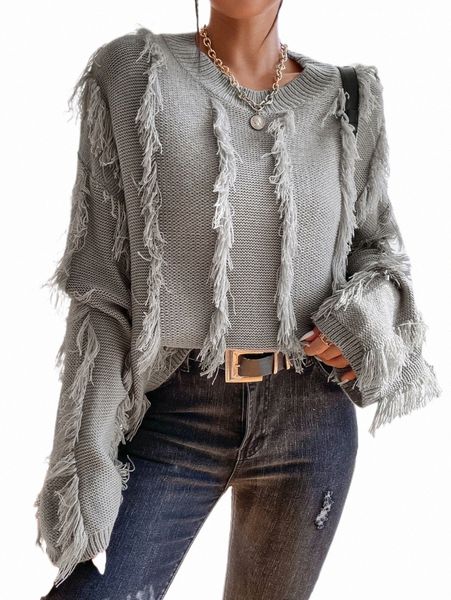 

women's sweaters fringe trim drop shoulder sweater h3gk#, White;black