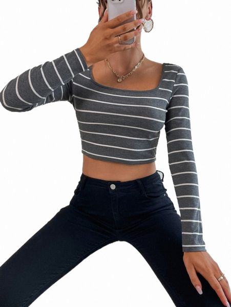 

women's t-shirt striped print square neck crop tee v0f5#, White