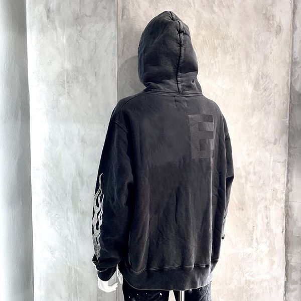 

22 autumn men hoodies for designer hip hop flame print washed vintage trendy hoodie loose sweater, Black