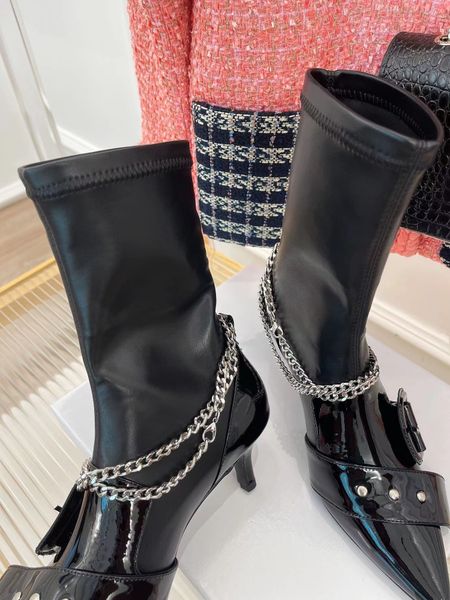 

22ss classic autumn/winter pointed chain ankle boots fashion bottom thickness 5cm with box dust bag, Black