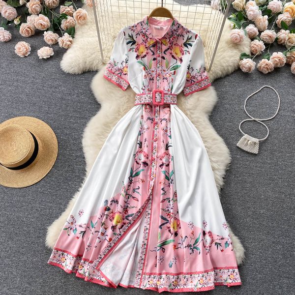 

new women casual dresses summer floral print slim short button lady dress a line turndown collar chiffon single breasted 2023, Black;gray