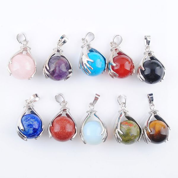 

natural stone pendants rose quartz lapis lazuli 16mm round ball beads hands palm dangle reiki chakra healing jewelry bn312, Silver