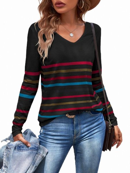

women's t-shirt striped print v neck tee 2022 new g6uk#, White