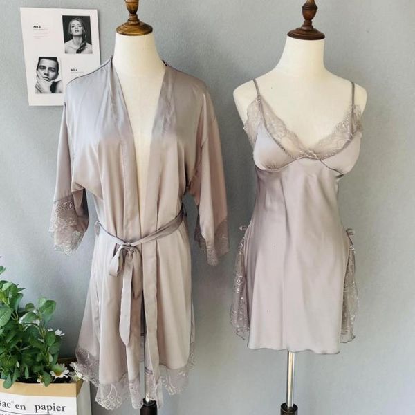 

kimono robe set women sleepwear intimate lingerie patchwork lace satin bathrobe, Black;red