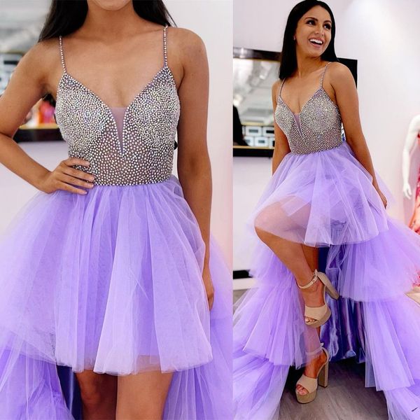 

2023 designer lilac prom dresses spaghetti straps beaded custom made crystals high low skirt pleats ruched plus size evening party gowns ves, Black