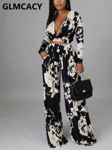 

women's two piece pants women two piece tie dye printed suits long sleeve v neck crop wide leg pants set t220902, White