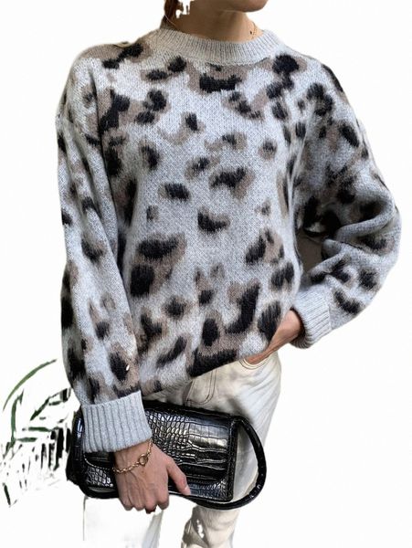 

women's sweaters leopard pattern drop shoulder sweater h9wj#, White;black