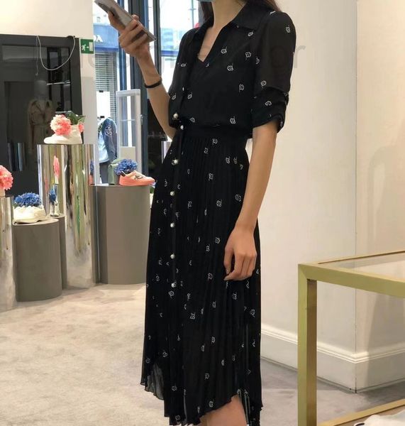 

casual dresses designer fadan pk's 22 year summer new temperament light mature floral print pearl button pleated embroidery dress long, Black;gray
