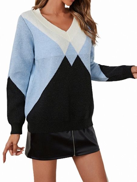 

women's sweaters color block v-neck lantern sleeve sweater c6ir#, White;black