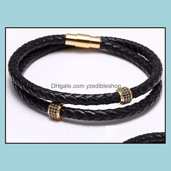 

beaded strands fashion 10pc/set braided zircon leather bracelet for men stainless steel bangle with magnetic clasp hand dhseller2010 dhp2f, Black