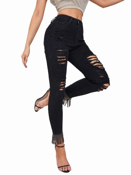

women's pants & capris apperloth a high waist ripped rhinestone fringe hem skinny pants t0gj#, Black;white