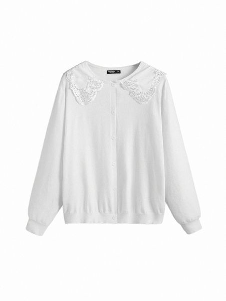 

plus size t-shirt plus eyelet embroidered contrast collar cardigan d5ts#, Black