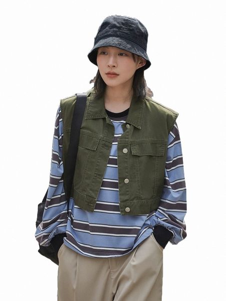 

women's jackets dazy 1pc flap detail crop vest denim jacket d7uv#, Black;brown