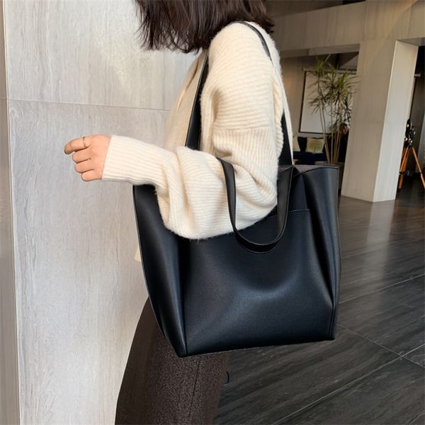 

evening bags soft leather woman casual tote shopper solid color handbags large capacity single shoulder bag with outer pocket 220905