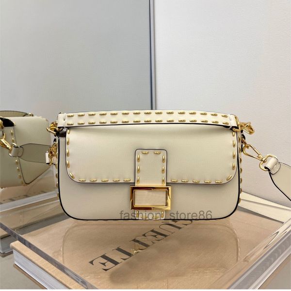 

women rivet baguette messenger bag classic hardware shoulder handbag purse detachable handle solid color wallets