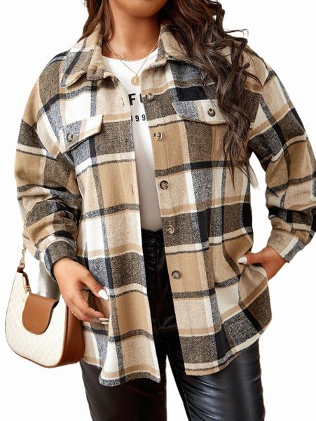 

plus size outerwear & coats plus plaid print drop shoulder jacket i2uz#, Black