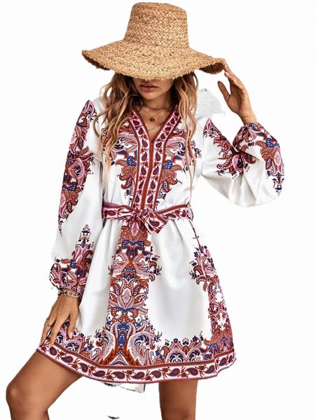 

casual dresses paisley print lantern sleeve belted dress l0zi#, Black;gray