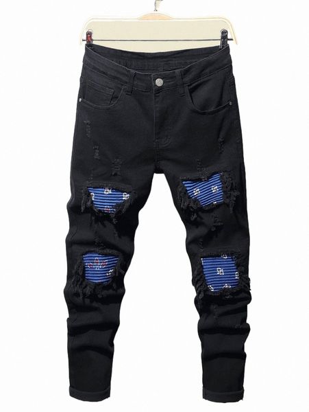 

men's jeans men ripped frayed rag stitching skinny jeans g2gw#, Blue