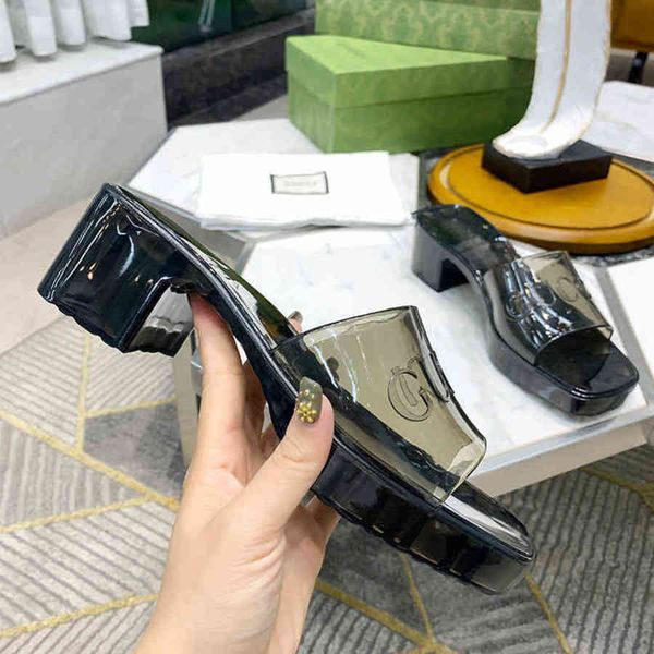 

70% off designer women's luxury slippers letter transparent rubber wear korean heel thick bottom waterproof sloth, Black