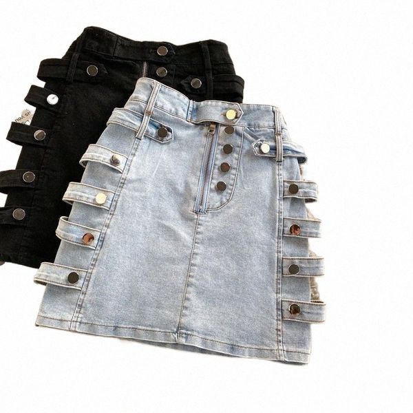 

skirts skirts motor biker metal buckle denim 2022 summer women office lady black high waist slim wild female mini fashion 21eg#