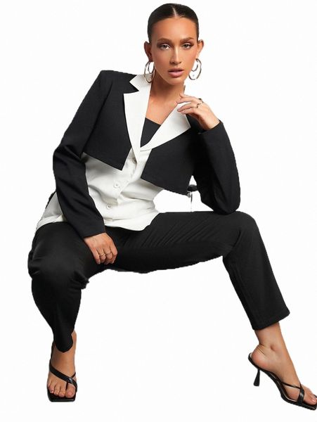 

women's two piece pants color block single breasted blazer a2jo#, White
