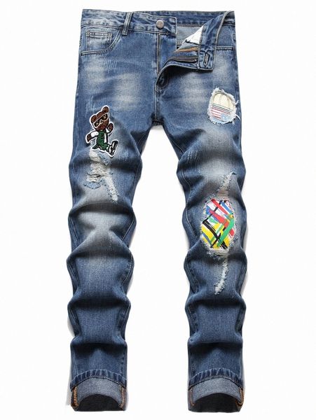 

men's jeans men brush print cartoon patched ripped slim straight jeans i34k#, Blue
