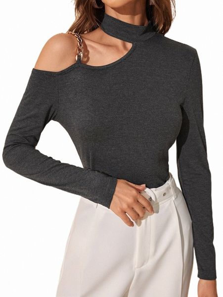 

women's t-shirt chain detail asymmetrical neck tee d5cg#, White