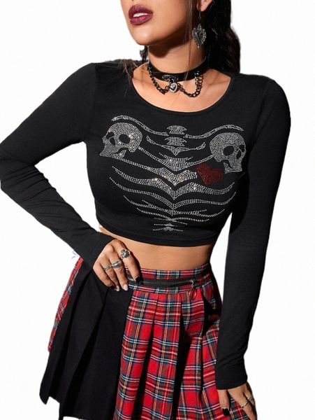 

women's t-shirt rhinestone skull pattern crop tee i0jf#, White