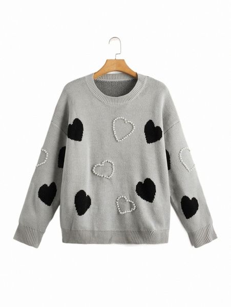 

plus size t-shirt plus pearls beaded heart pattern drop shoulder sweater a21l#, Black