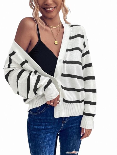

women's sweaters striped pattern drop shoulder cardigan q41e#, White;black