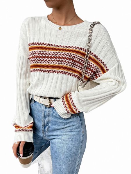 

women's sweaters geo pattern drop shoulder sweater j3kz#, White;black