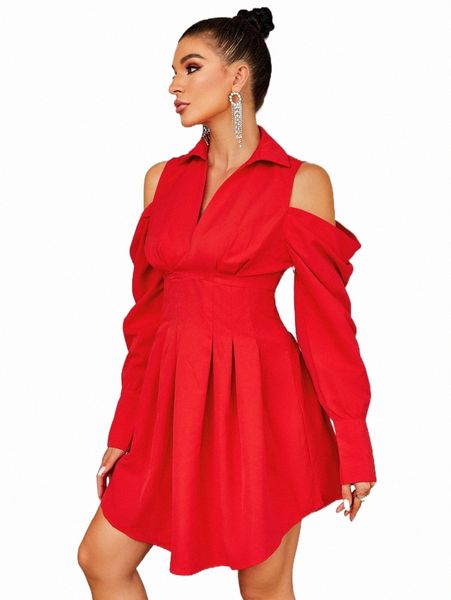 

casual dresses glamaker cold shoulder fold pleated shirt dress 10xl#, Black;gray