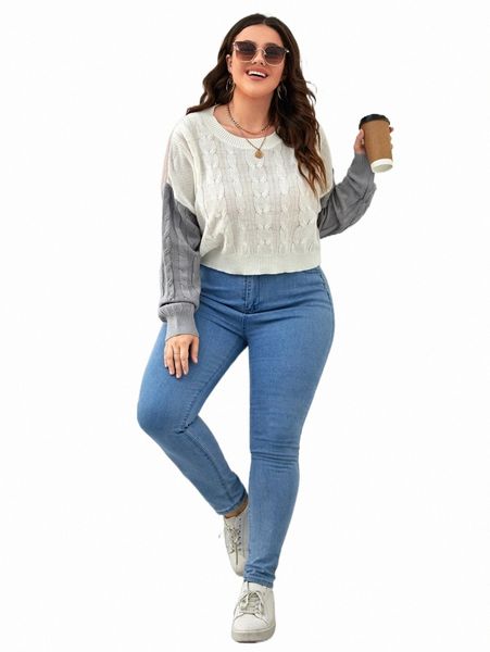 

plus size t-shirt plus colorblock drop shoulder cable knit sweater i8eu#, Black