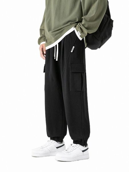 

men's pants men drawstring waist flap pocket sweatpants q4pz#, Black