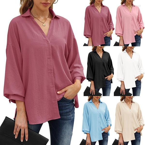

women's blouses blouse v-neck pure color chiffon casual shirt seven point lantern sleeve button wear camisas de mujer, White