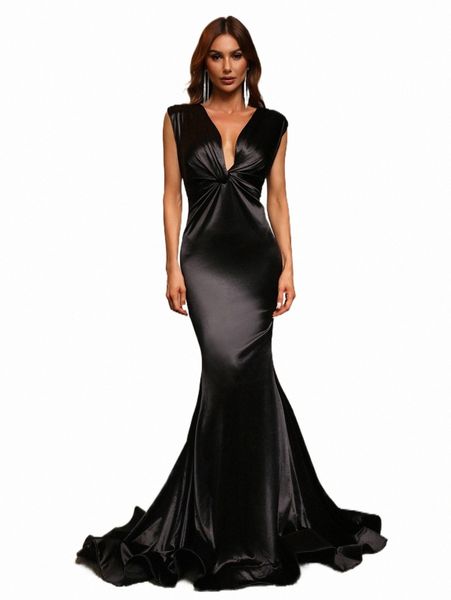 

casual dresses plunging neck backless mermaid hem satin prom dress h5lb#, Black;gray