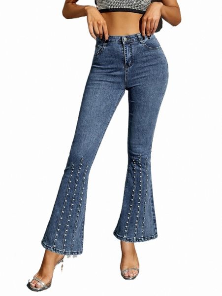 

women's jeans rhinestone high waist flare leg jeans c2mt#, Blue