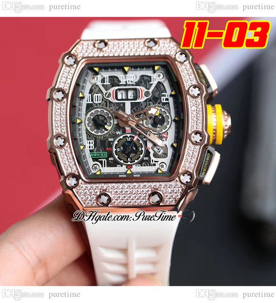 

2022 11-03 a21j automatic mens watch rose gold diamonds bezel skeleton dial big date yellow crown white rubber strap 8 styles watches pureti, Slivery;brown