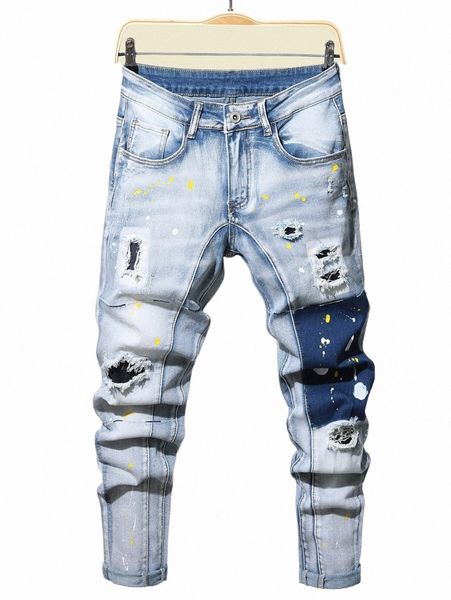 

men's jeans men splash ink print ripped skinny jeans q2r4#, Blue