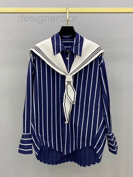

women's blouses & shirts designer early autumn new navy style knitted shawl dark blue stripe long sleeve shirt two piece set versatile, White