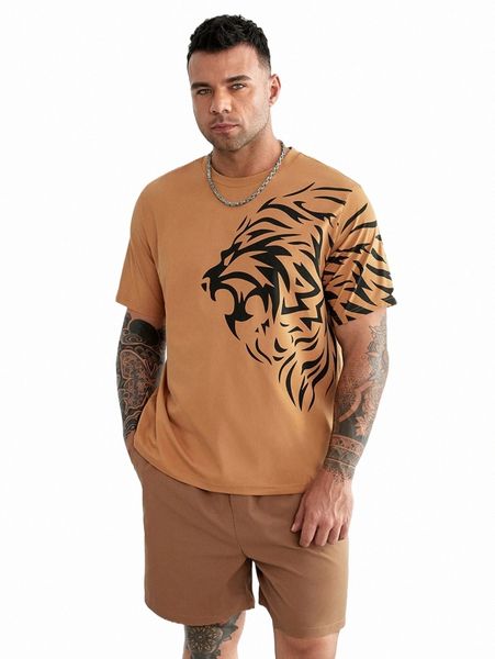 

men's tracksuits extended sizes men lion print tee & shorts 916x#, Gray