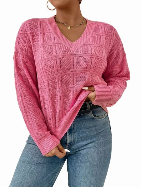 

plus size t-shirt plus v-neck drop shoulder textured sweater l6cw#, Black