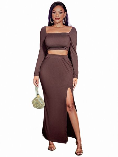 

two piece dress square neck crop tee & split thigh skirt s9wf#, White